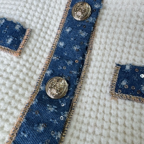 Women's White Cardigan with Blue Trim‎ - Picture 4 of 14